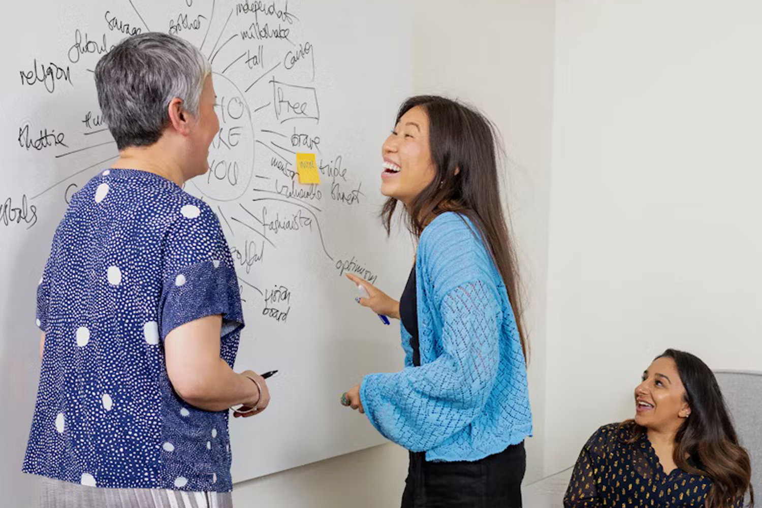 Three women attend a Learn English at Home group class